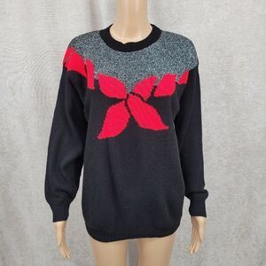 Carly Blake Vintage Christmas Holiday Sweater Black Red Metallic Silver 80s